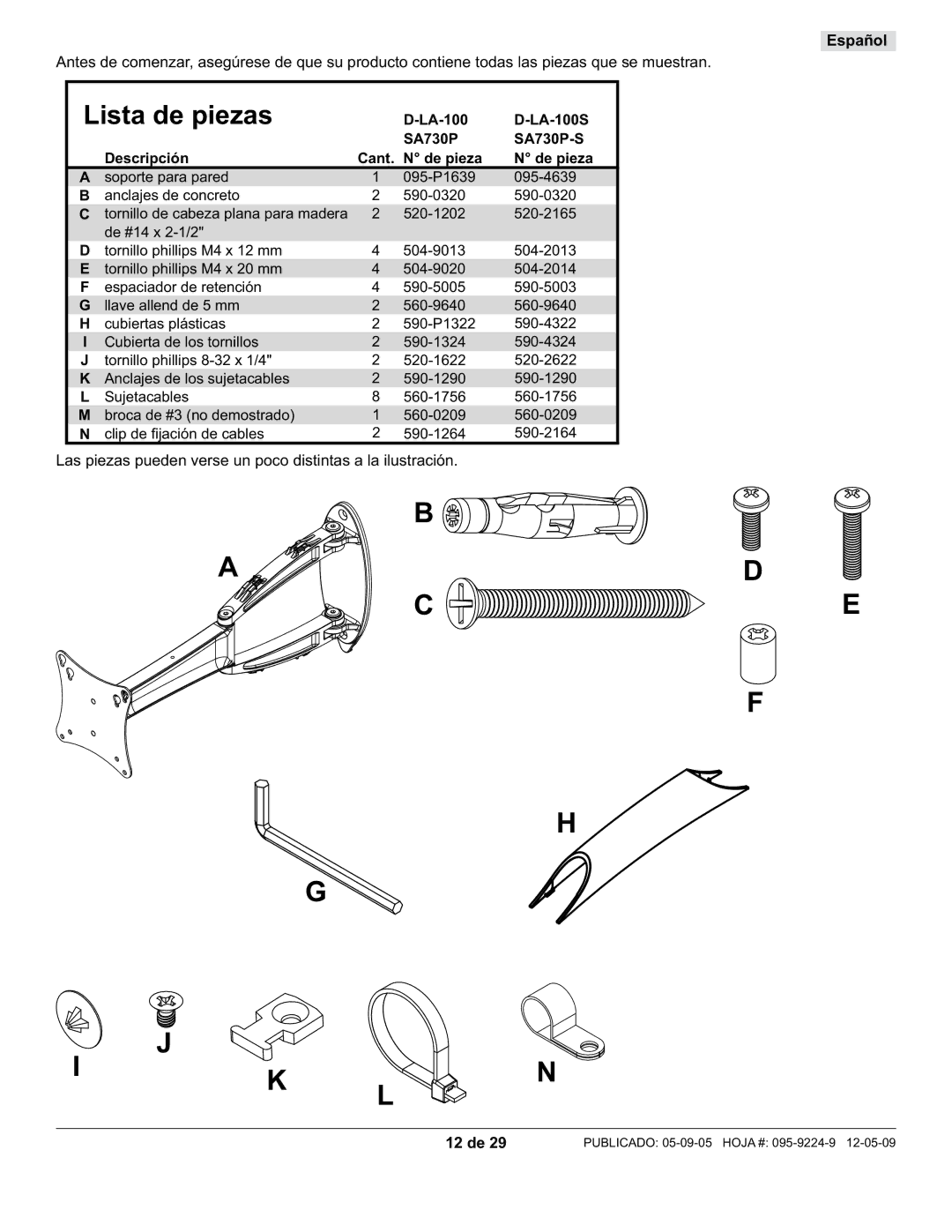 Peerless Industries SA730P-S, D-LA-100S manual Lista de piezas, Español 12 de 