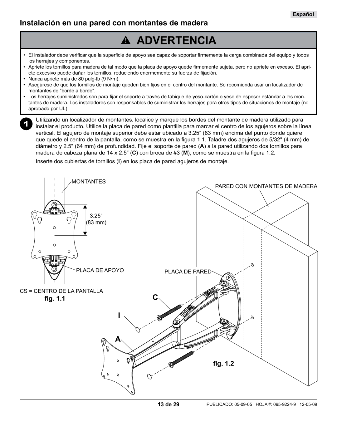 Peerless Industries SA730P-S Instalación en una pared con montantes de madera, Montantes Pared CON Montantes DE Madera 