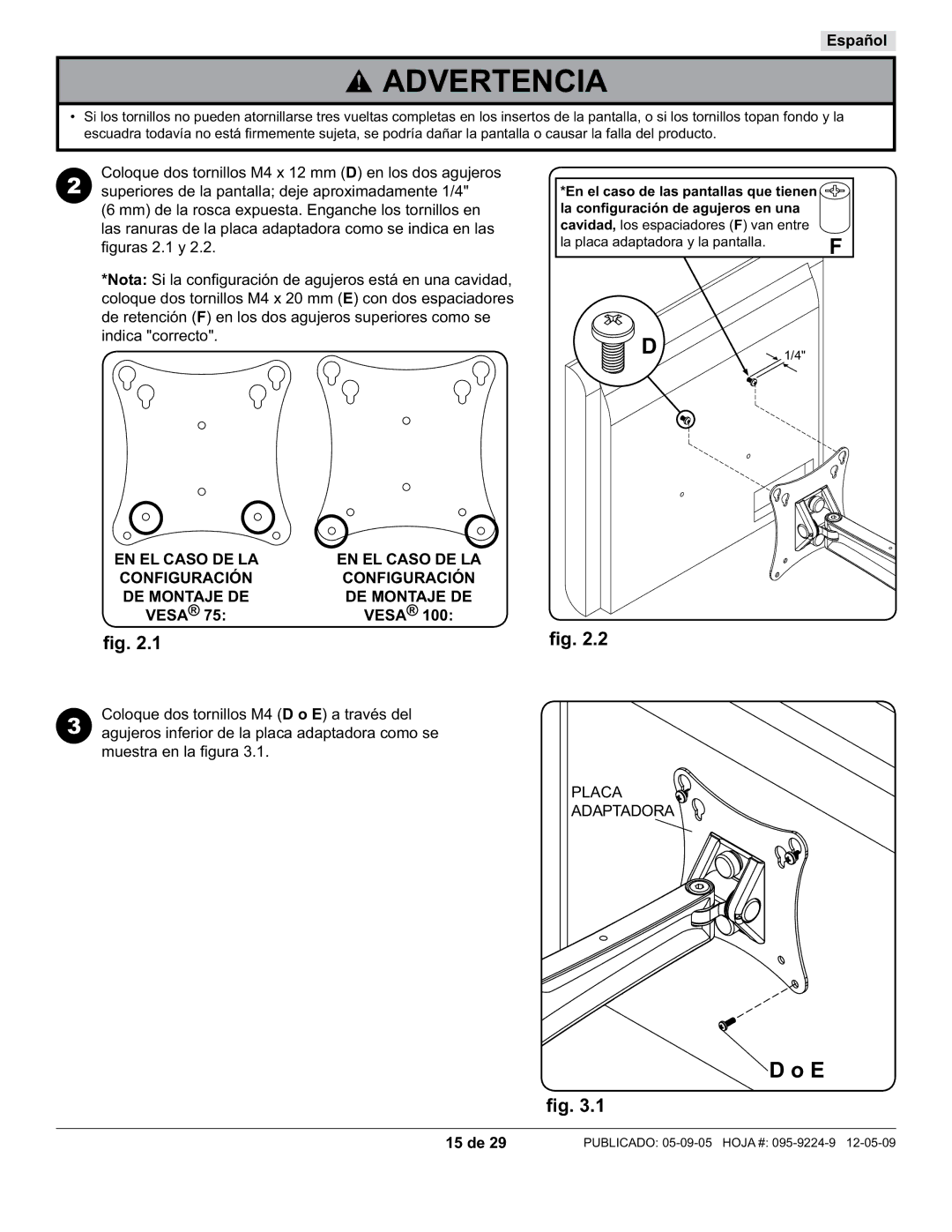 Peerless Industries D-LA-100S, SA730P-S EN EL Caso DE LA Configuración DE Montaje DE, Vesa, Placa Adaptadora, 15 de 