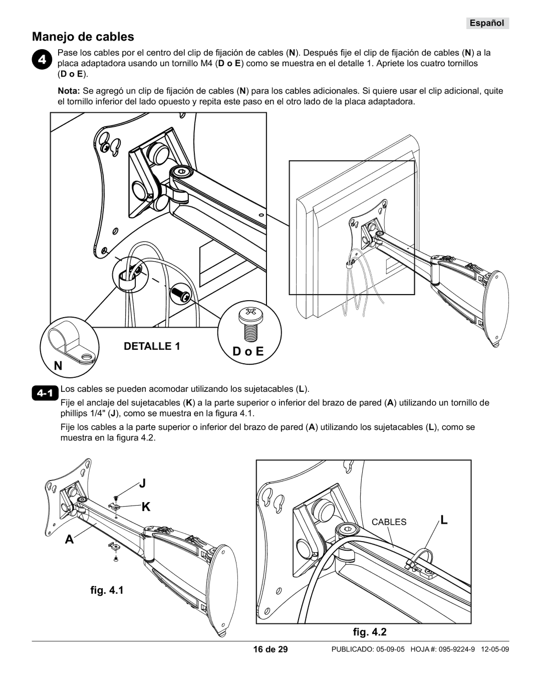 Peerless Industries SA730P-S, D-LA-100S manual Manejo de cables, Cables L, 16 de 