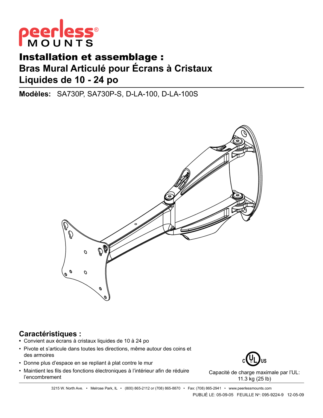 Peerless Industries D-LA-100S, SA730P-S manual Caractéristiques 