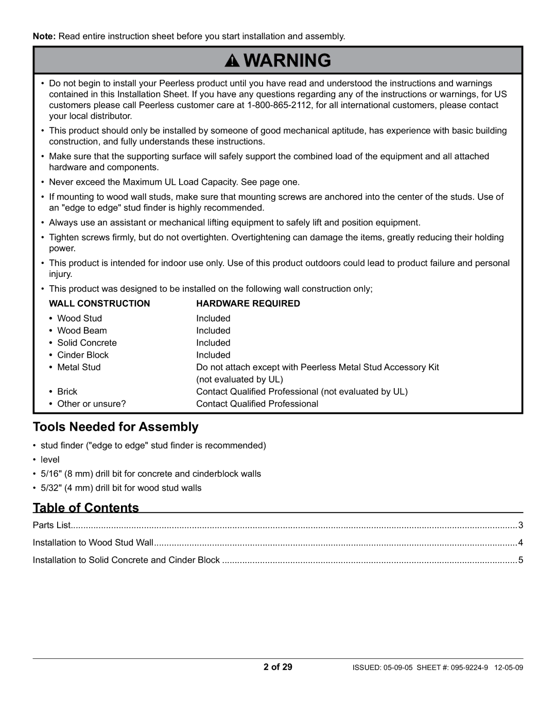 Peerless Industries SA730P-S, D-LA-100S manual Tools Needed for Assembly, Table of Contents 