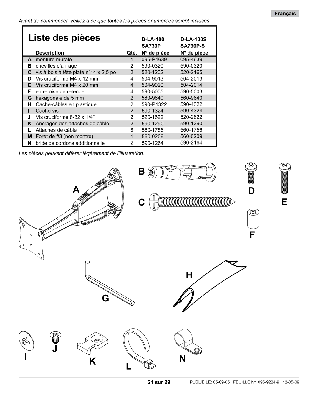 Peerless Industries D-LA-100S manual LA-100 LA-100S SA730P SA730P-S Description Qté Nº de pièce, Français 21 sur 