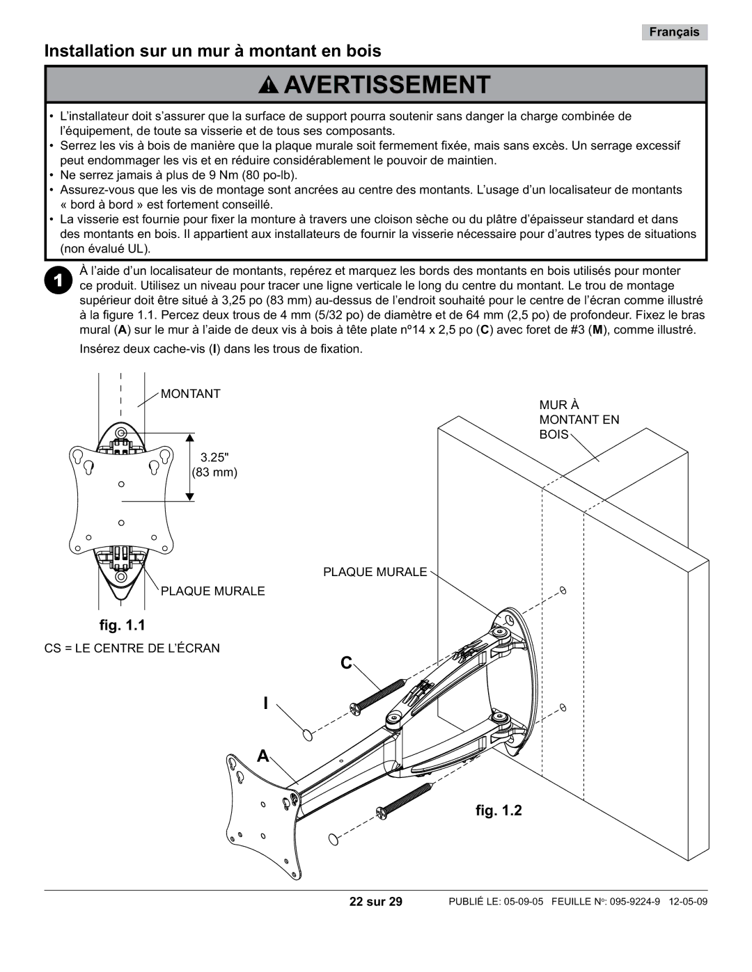 Peerless Industries SA730P-S, D-LA-100S manual Installation sur un mur à montant en bois, Montant, 22 sur 