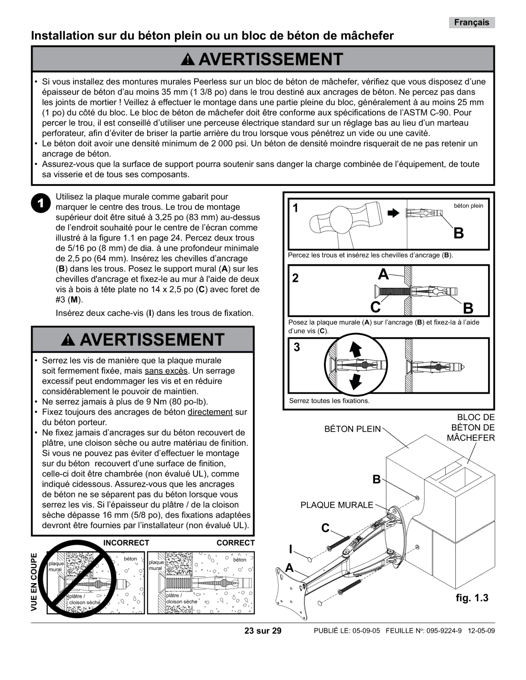 Peerless Industries D-LA-100S, SA730P-S manual Bloc DE Béton Pleinbéton DE Mâchefer Plaque Murale, 23 sur 