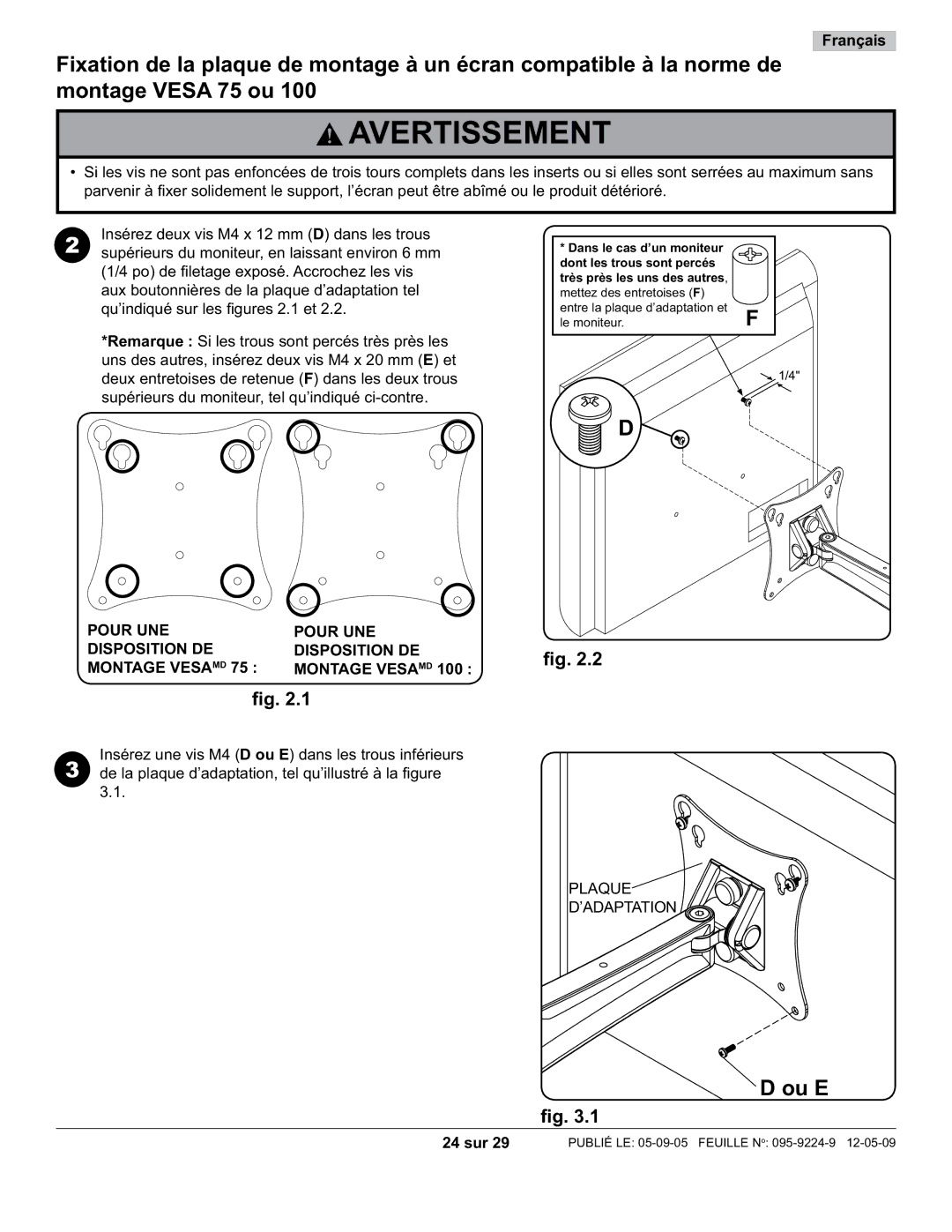 Peerless Industries SA730P-S, D-LA-100 manual Ou E, Pour UNE Disposition DE Montage Vesa MD, Plaque ’ADAPTATION, 24 sur 