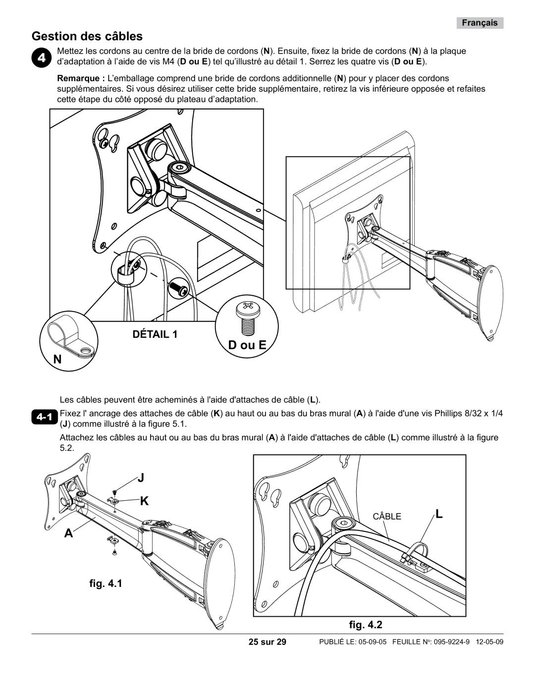 Peerless Industries SA730P-S, D-LA-100S manual Gestion des câbles, Câble L, 25 sur 