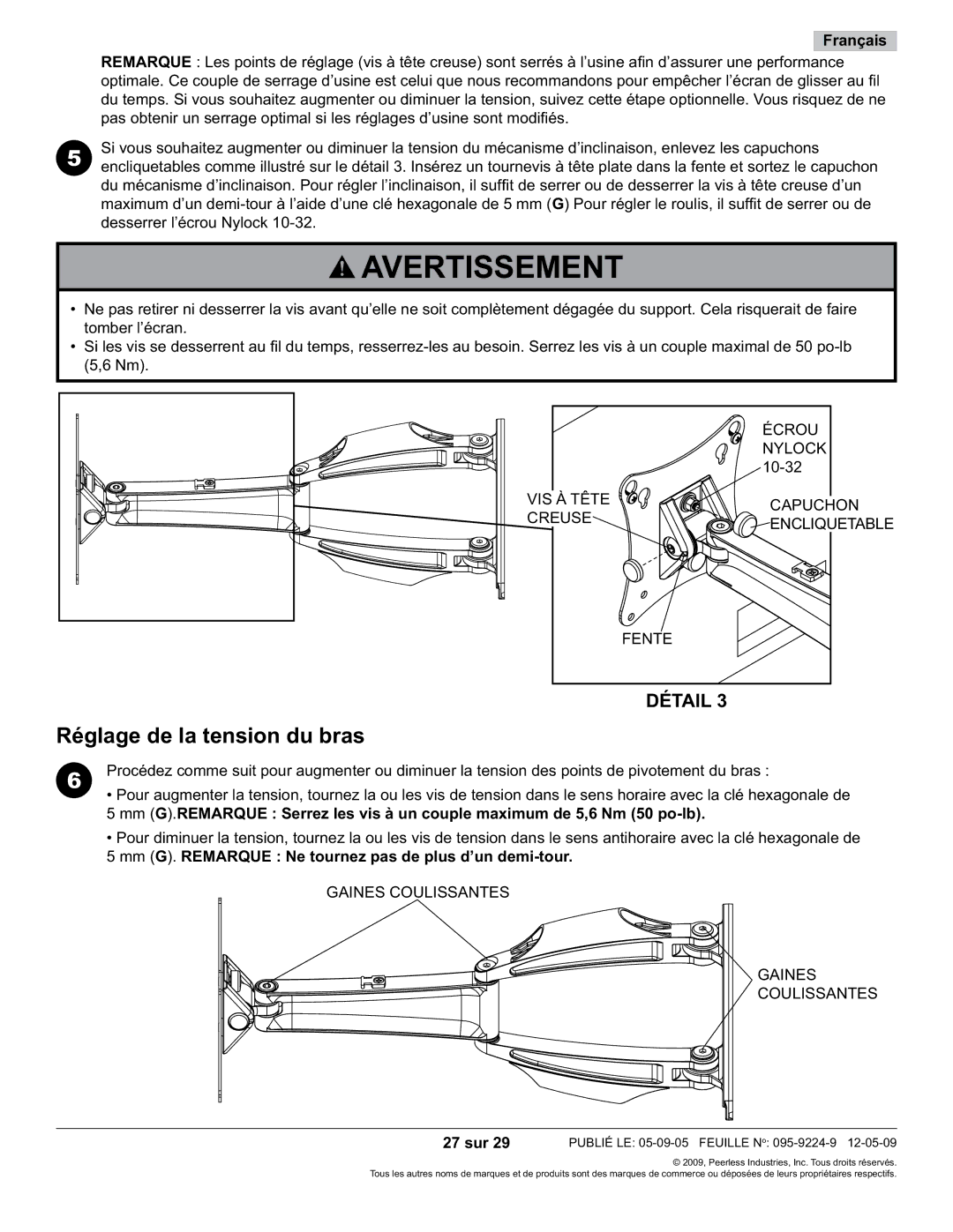 Peerless Industries D-LA-100S Réglage de la tension du bras, Mm G. Remarque Ne tournez pas de plus d’un demi-tour, 27 sur 