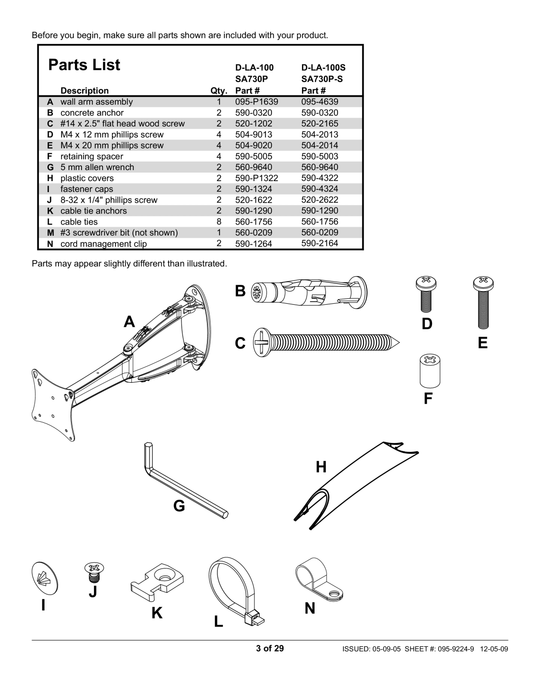 Peerless Industries D-LA-100S manual Parts List, LA-100 LA-100S SA730P SA730P-S Description Qty 