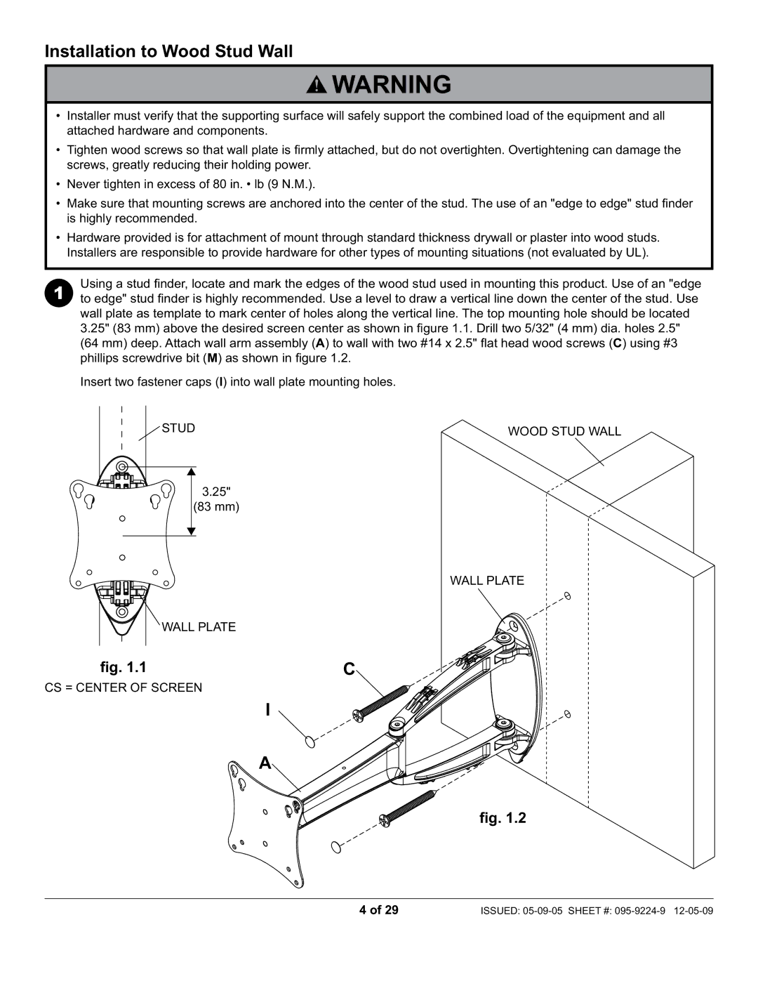 Peerless Industries SA730P-S, D-LA-100 Installation to Wood Stud Wall, Wall Plate CS = Center of Screen Wood Stud Wall 