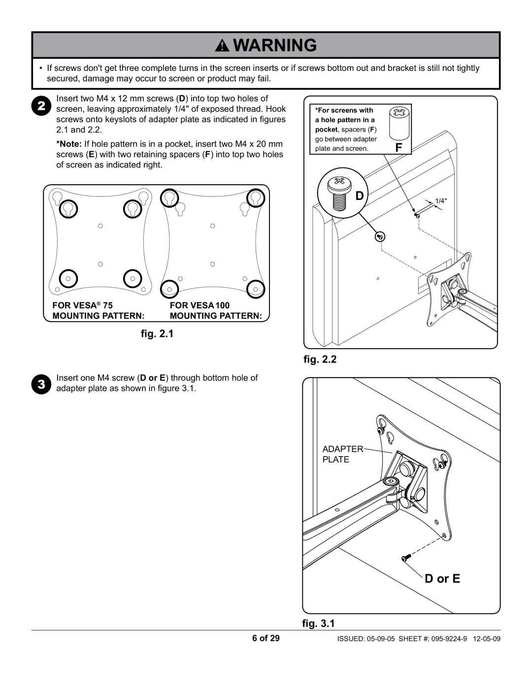 Peerless Industries SA730P-S, D-LA-100S manual Or E, For Vesa For VESA100 Mounting Pattern, Adapter Plate 