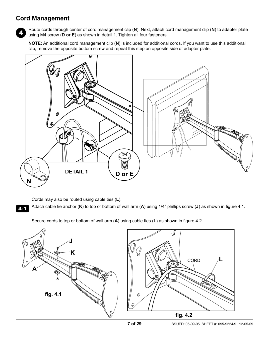 Peerless Industries D-LA-100S, SA730P-S manual Cord Management 