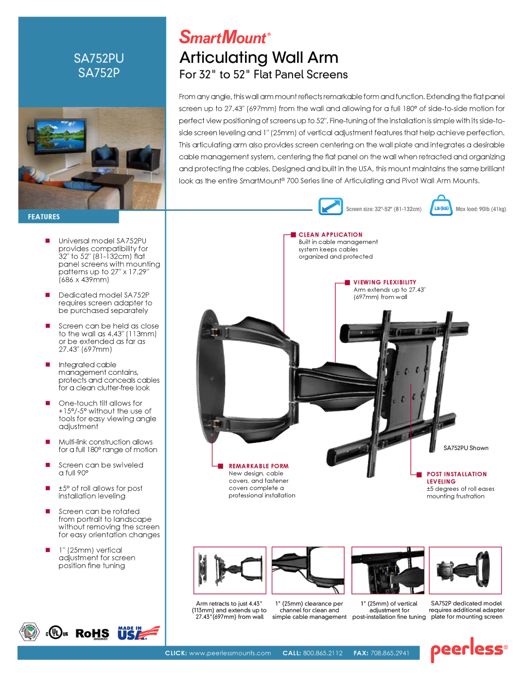 Peerless Industries SA752PU manual Articulating Wall Arm 