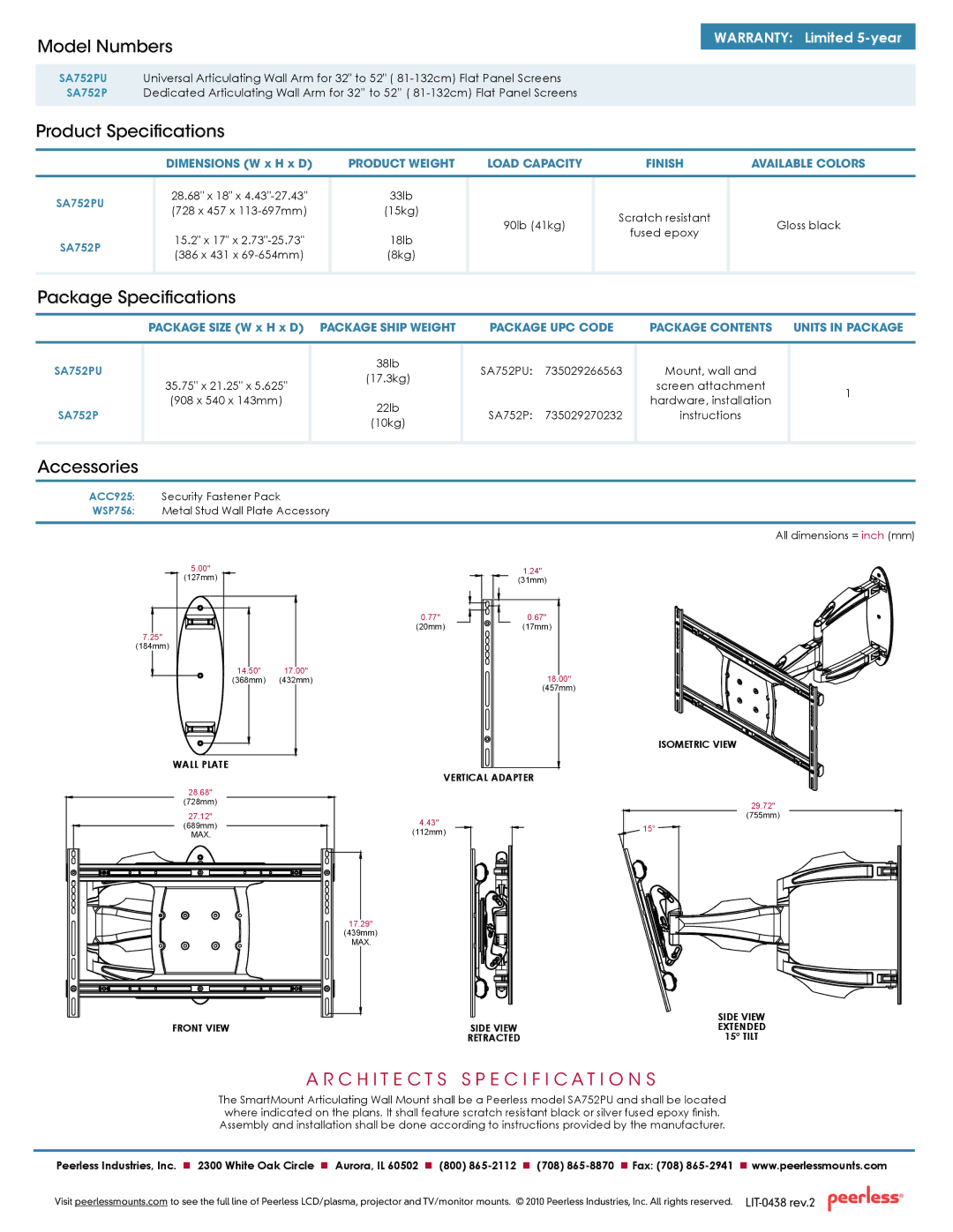 Peerless Industries SA752PU manual Model Numbers, Product Specifications, Package Specifications, Accessories 