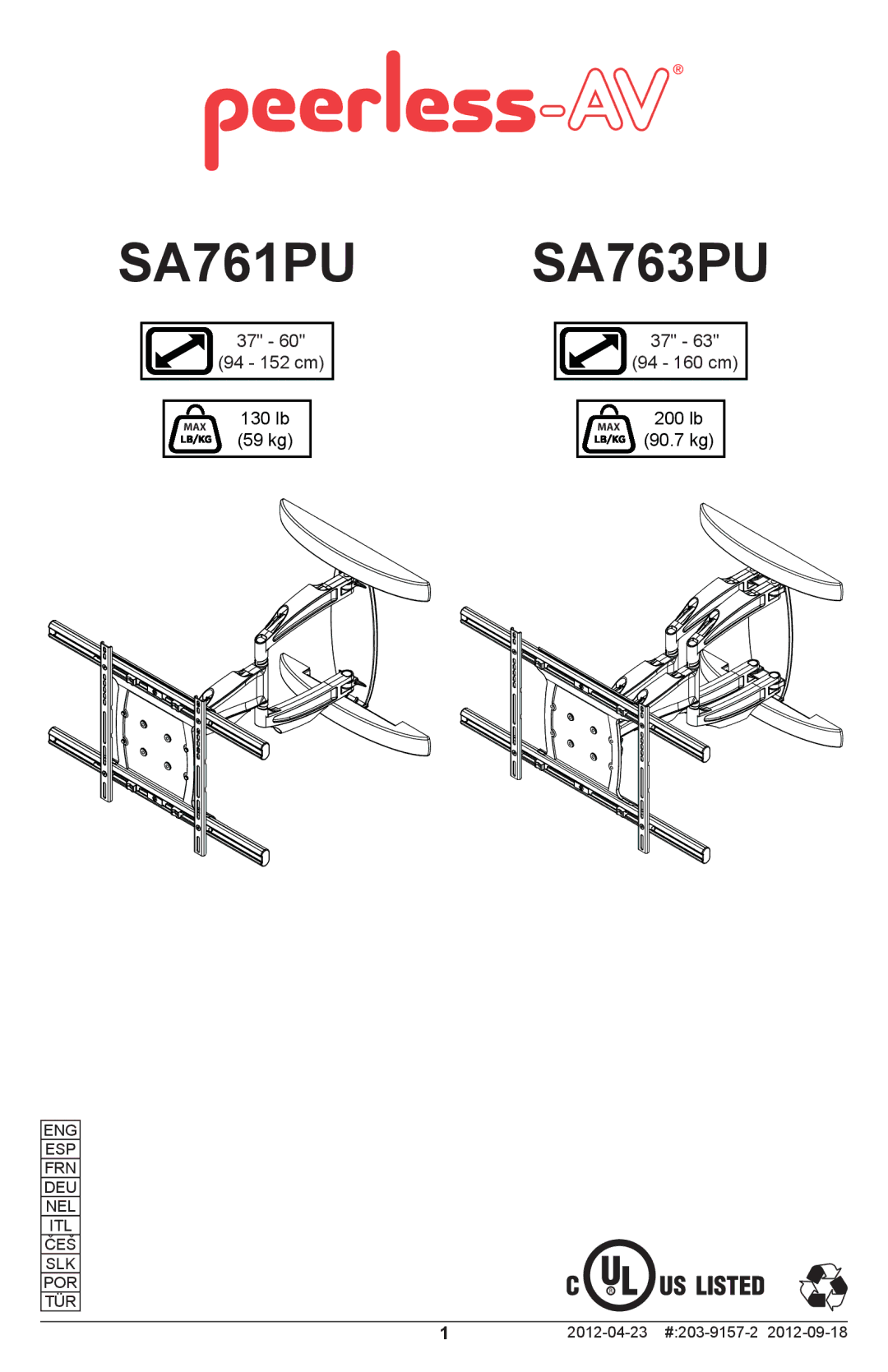 Peerless Industries manual SA761PU SA763PU 