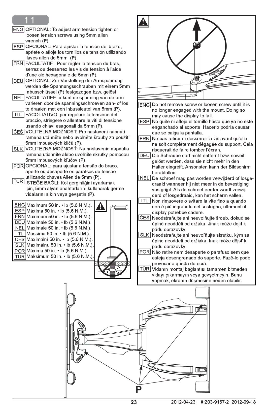 Peerless Industries SA761PU, SA763PU manual No longer engaged with the mount. Doing so 