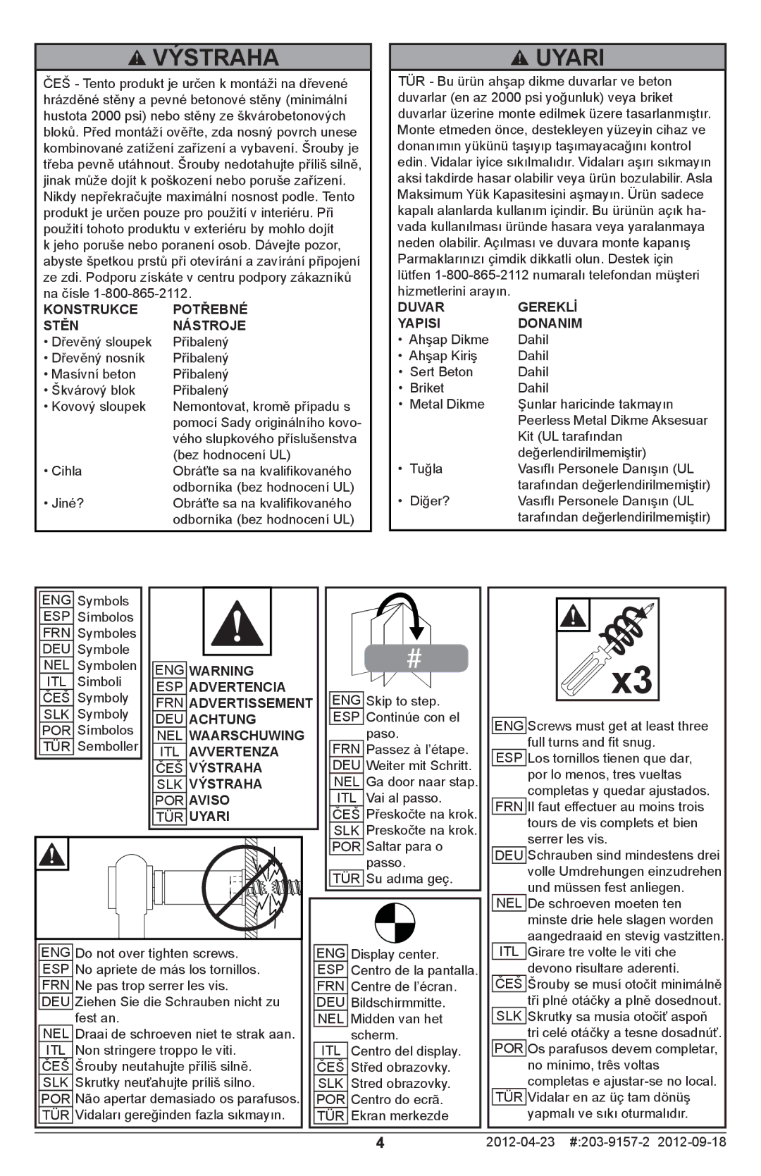 Peerless Industries SA763PU, SA761PU manual Uyari, Konstrukce Potřebné Stěn Nástroje 