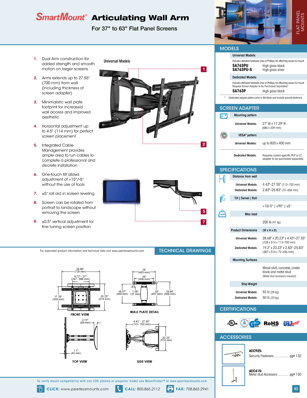 Peerless Industries SA763PU specifications Models, Technical Drawings, Screen Adapter, Specifications, Accessories 