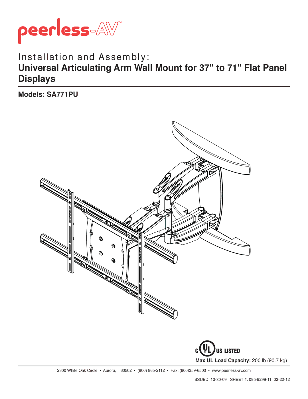 Peerless Industries manual Models SA771PU, Max UL Load Capacity 200 lb 90.7 kg 