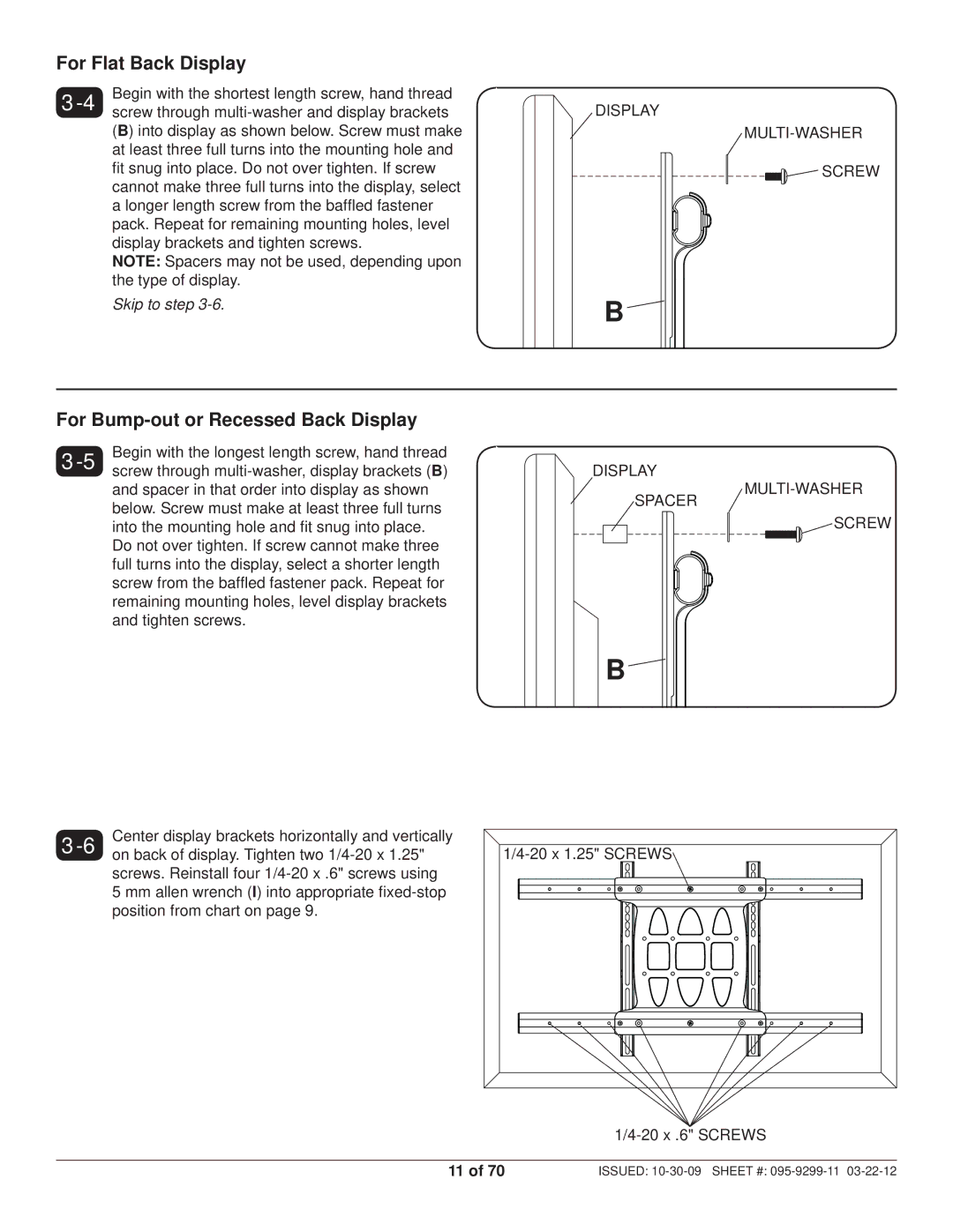 Peerless Industries SA771PU manual Display MULTI-WASHER, Display Spacer MULTI-WASHER Screw 