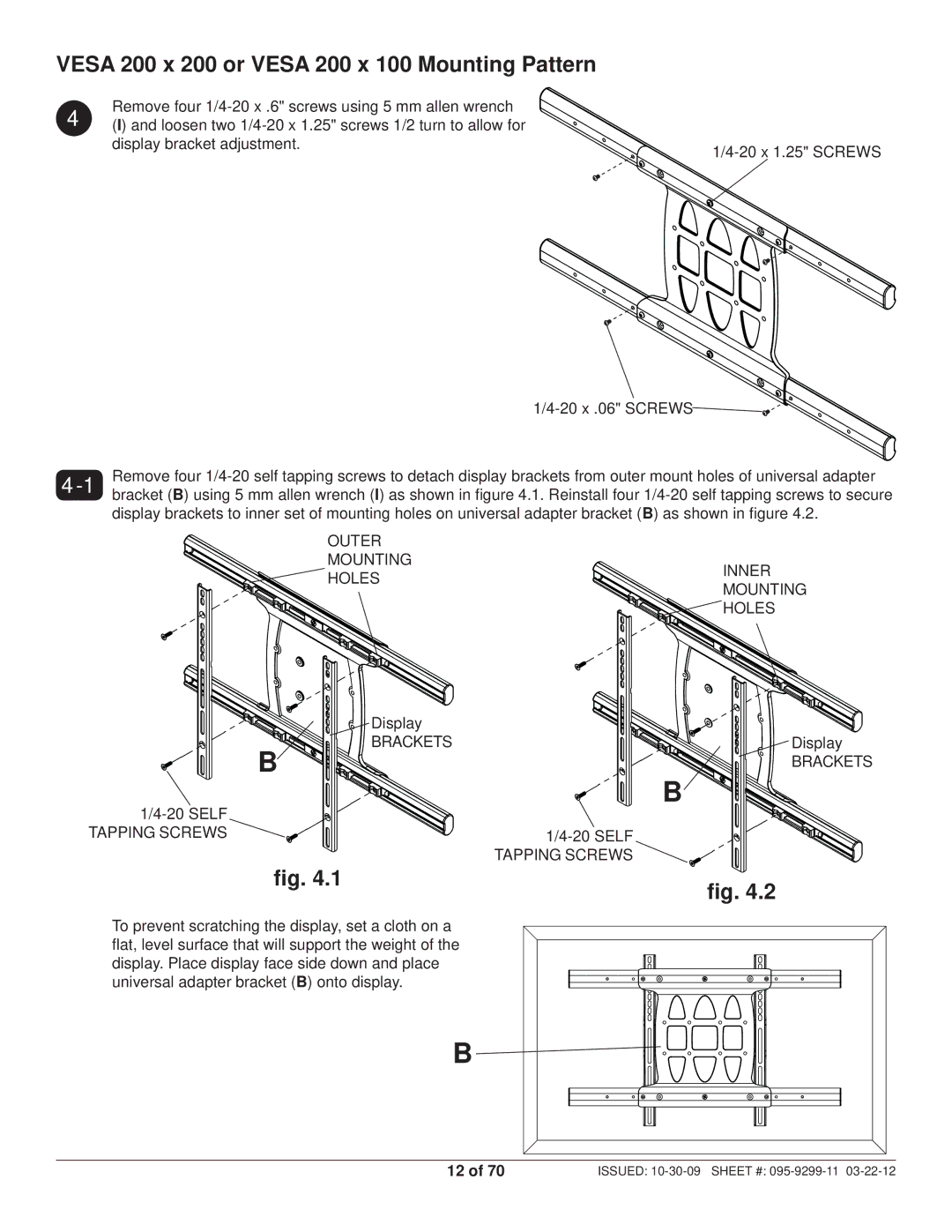 Peerless Industries SA771PU manual Vesa 200 x 200 or Vesa 200 x 100 Mounting Pattern, Brackets Self Tapping Screws 