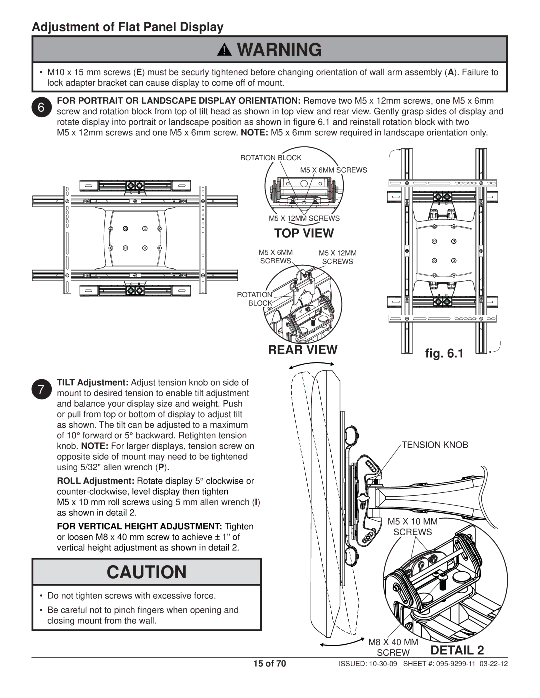 Peerless Industries SA771PU manual Adjustment of Flat Panel Display, Rear View, Tension Knob, Screws 