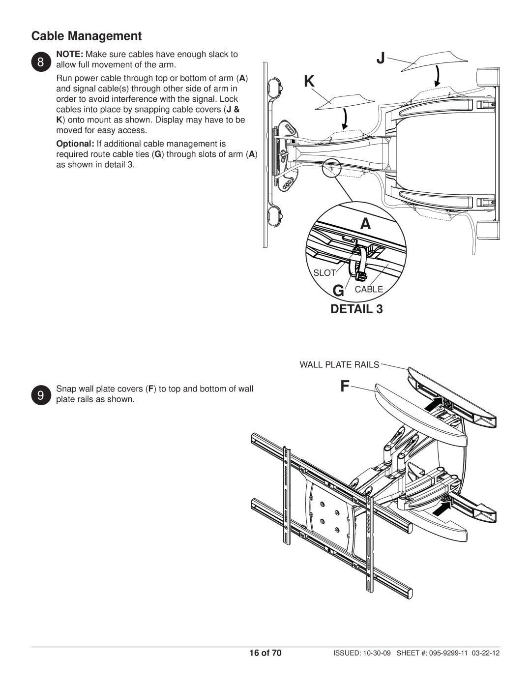 Peerless Industries SA771PU manual Cable Management, Wall Plate Rails 