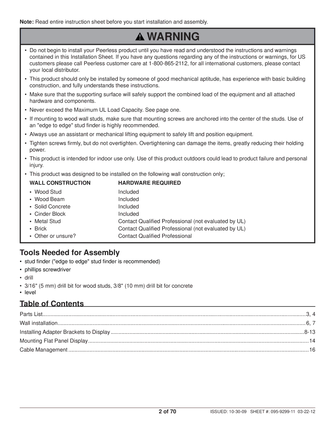 Peerless Industries SA771PU manual Tools Needed for Assembly, Table of Contents 