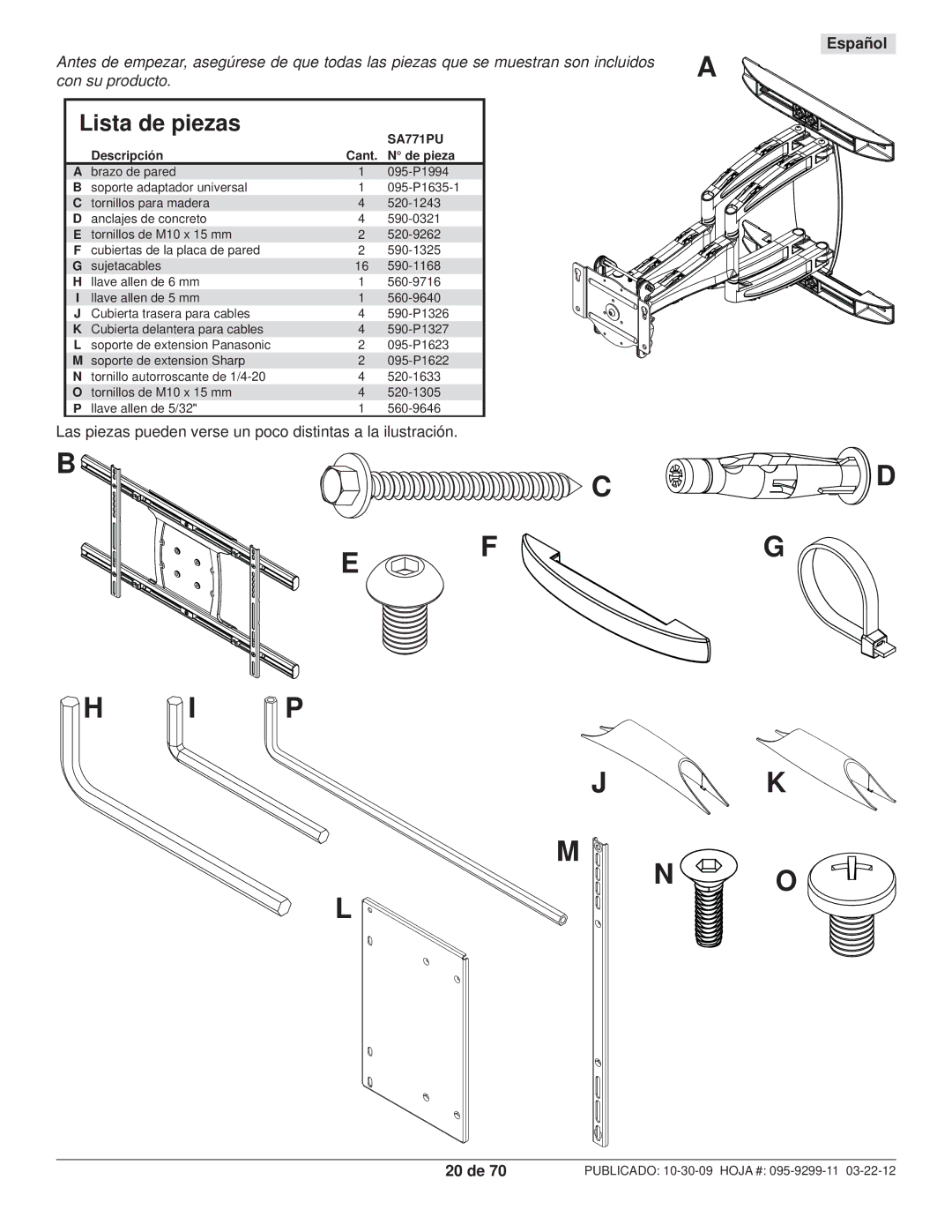 Peerless Industries SA771PU manual Lista de piezas, Español 20 de 