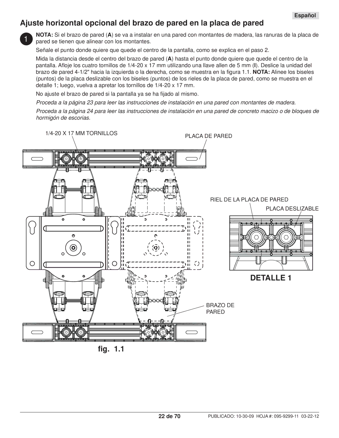 Peerless Industries SA771PU manual Detalle, Riel DE LA Placa DE Pared Placa Deslizable, Brazo DE Pared, 22 de 