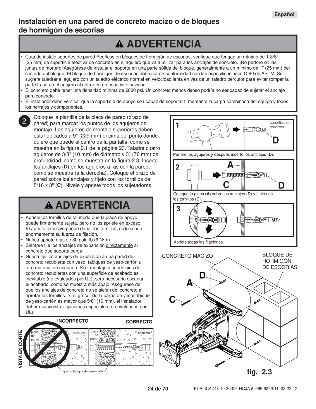 Peerless Industries SA771PU manual Concreto Macizo Bloque DE Hormigón DE Escorias, 24 de 