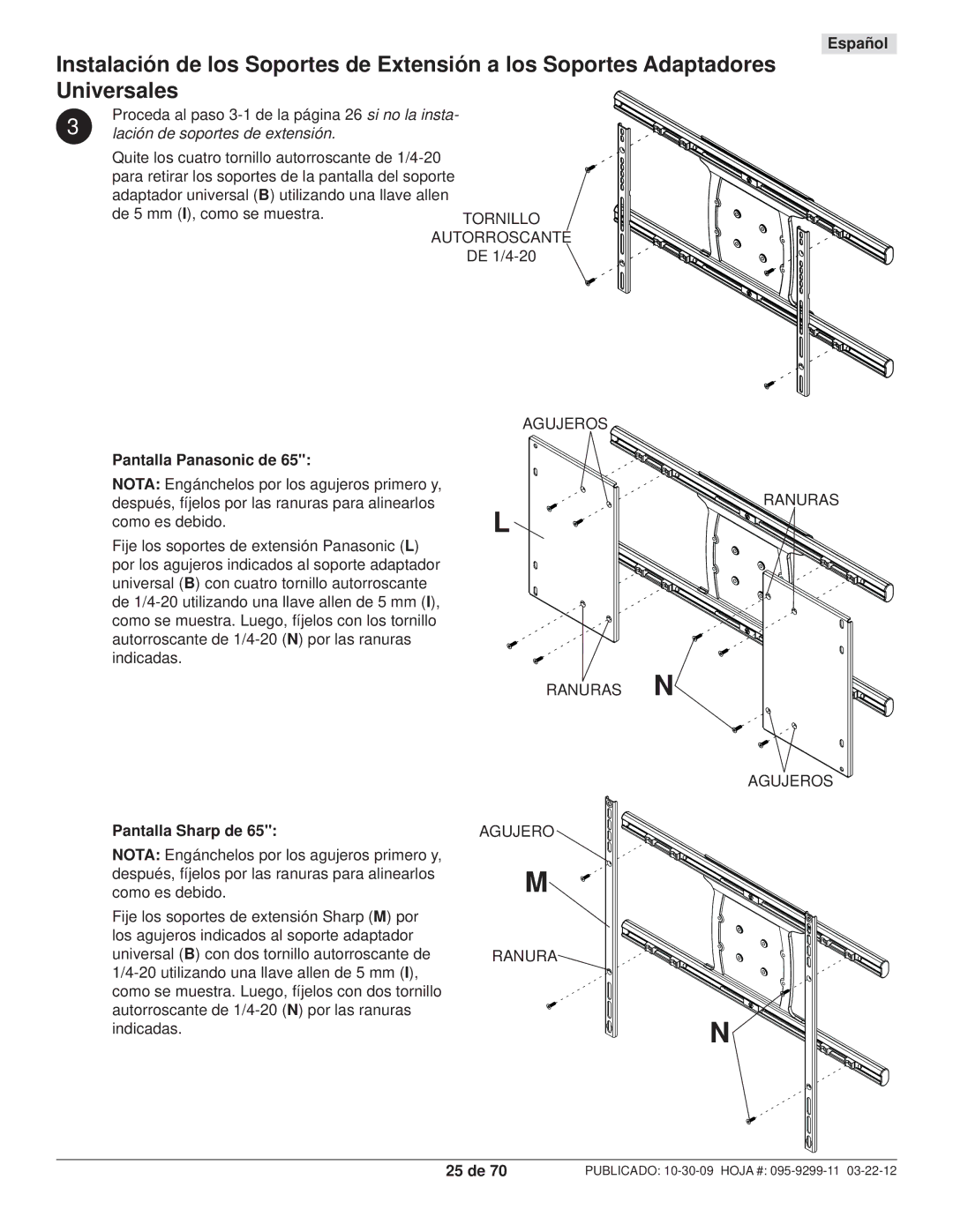 Peerless Industries SA771PU manual Pantalla Panasonic de, Pantalla Sharp de, 25 de 