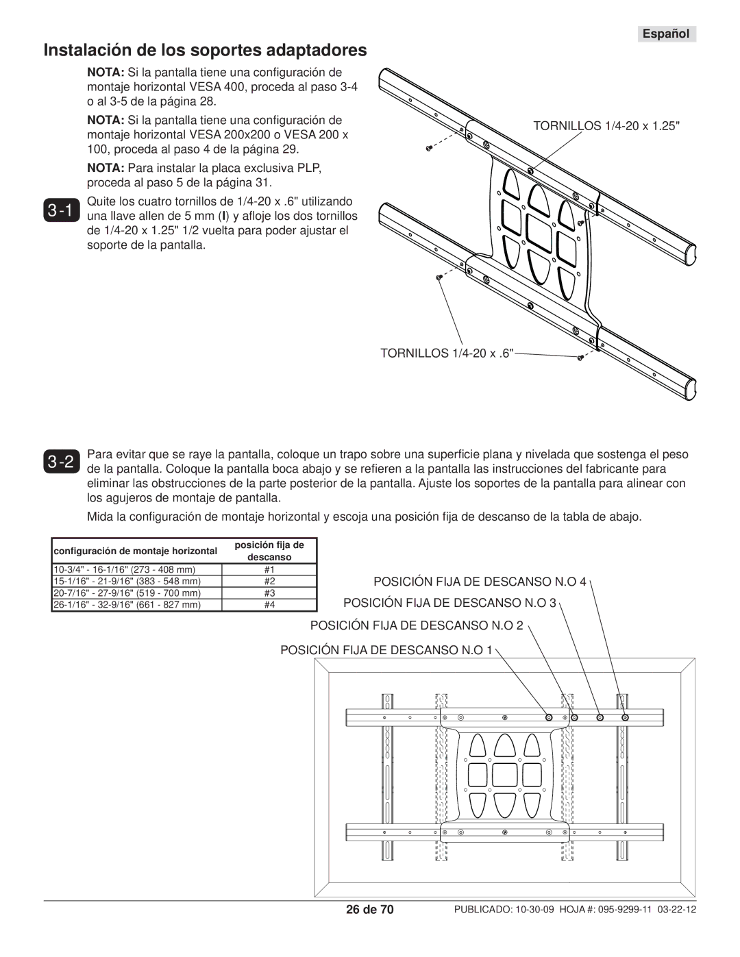 Peerless Industries SA771PU manual Instalación de los soportes adaptadores, Posición Fija DE Descanso N.O, 26 de 