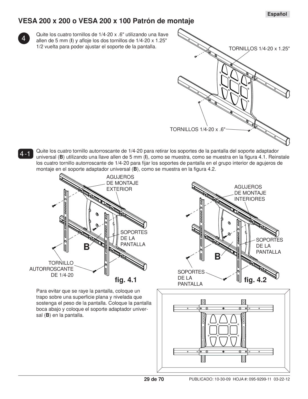 Peerless Industries SA771PU manual Vesa 200 x 200 o Vesa 200 x 100 Patrón de montaje, DE LA Pantalla, 29 de 