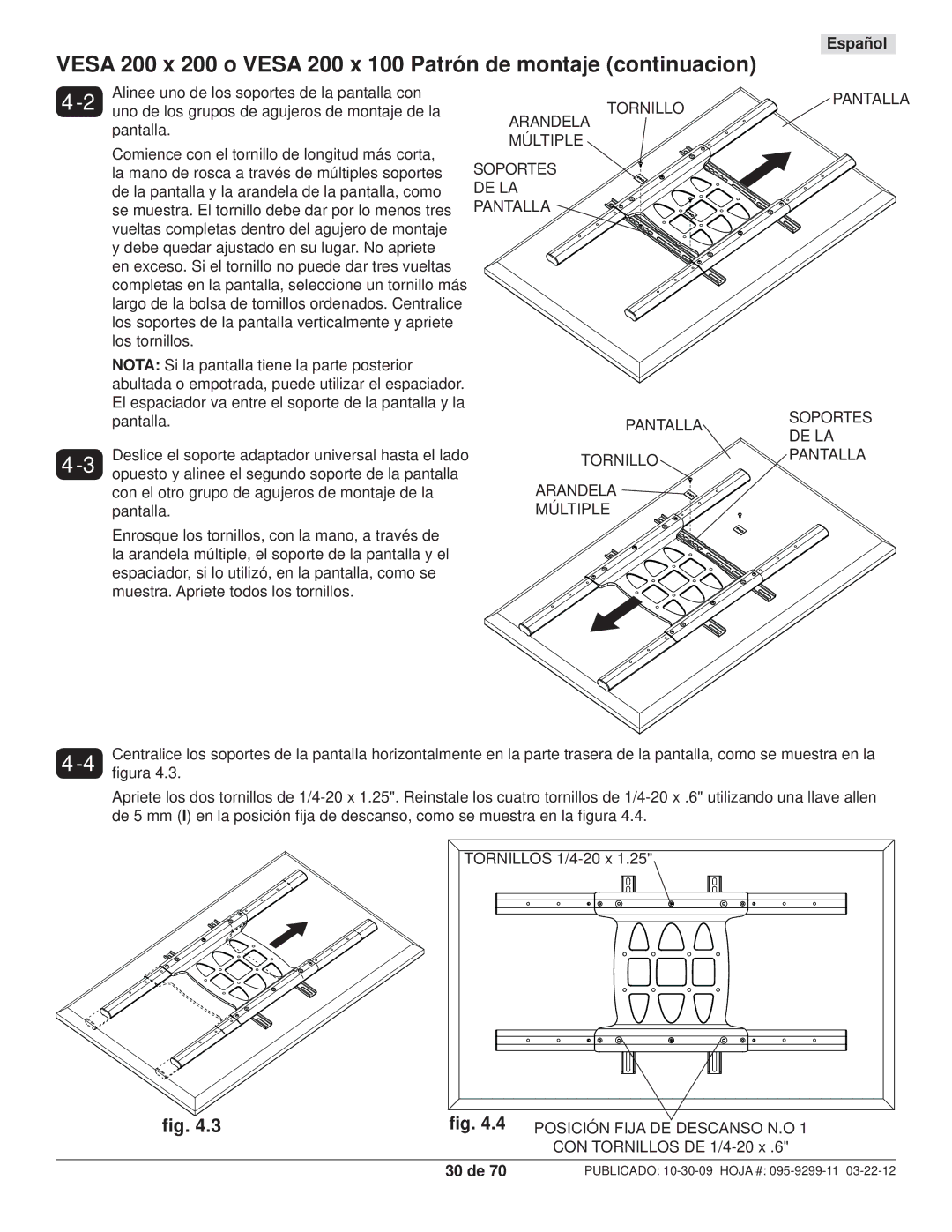 Peerless Industries SA771PU manual Arandela Múltiple Soportes DE LA Pantalla Tornillo, 30 de 