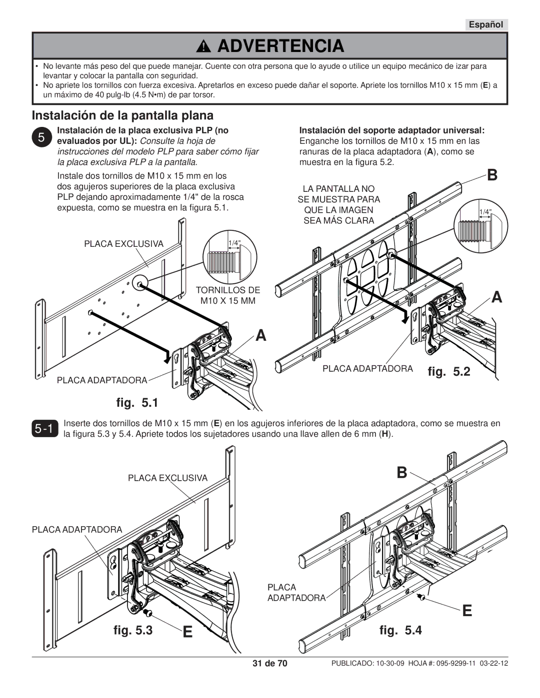 Peerless Industries SA771PU manual Instalación de la pantalla plana, ﬁg .3 E, Evaluados por UL Consulte la hoja de, 31 de 