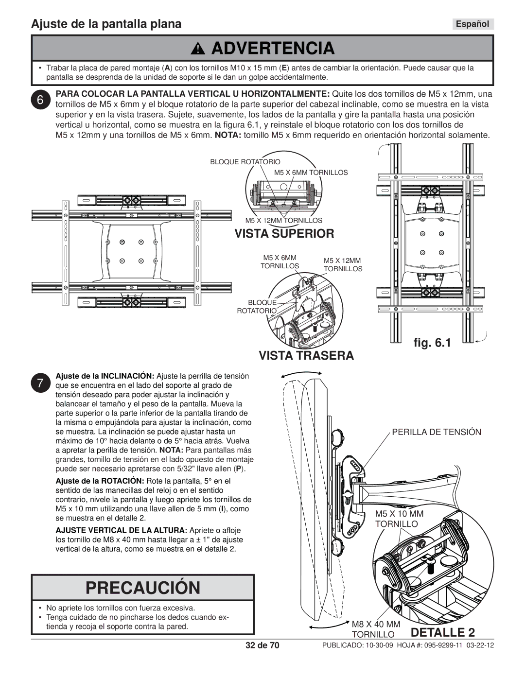 Peerless Industries SA771PU manual Ajuste de la pantalla plana, Vista Trasera, Perilla DE Tensión, 32 de 