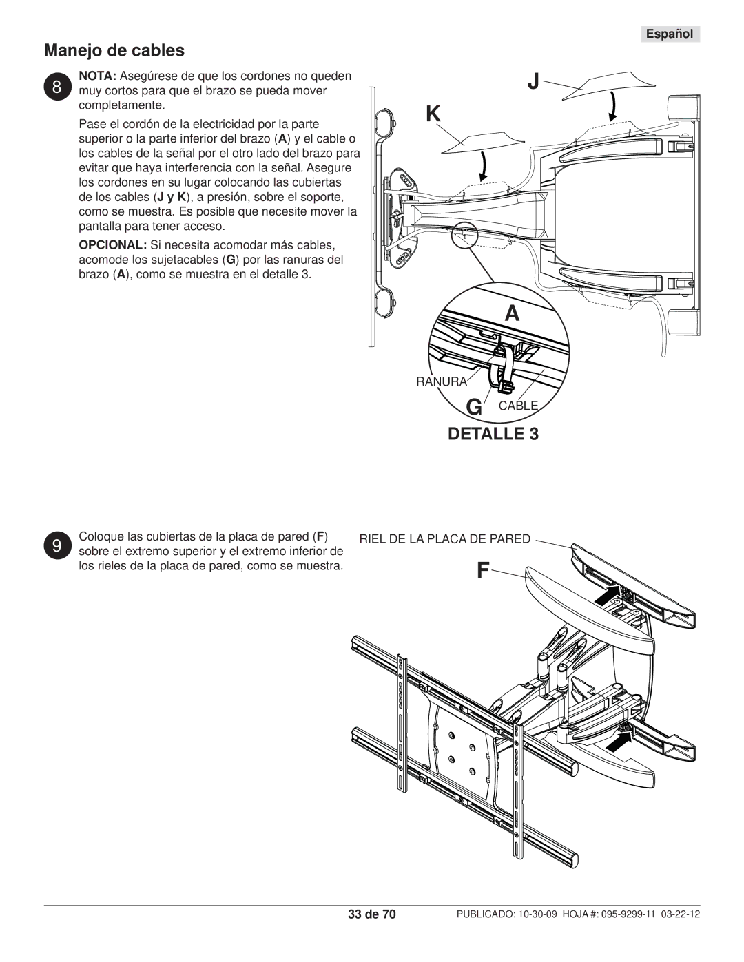 Peerless Industries SA771PU manual Manejo de cables, Ranura Cable, Riel DE LA Placa DE Pared 