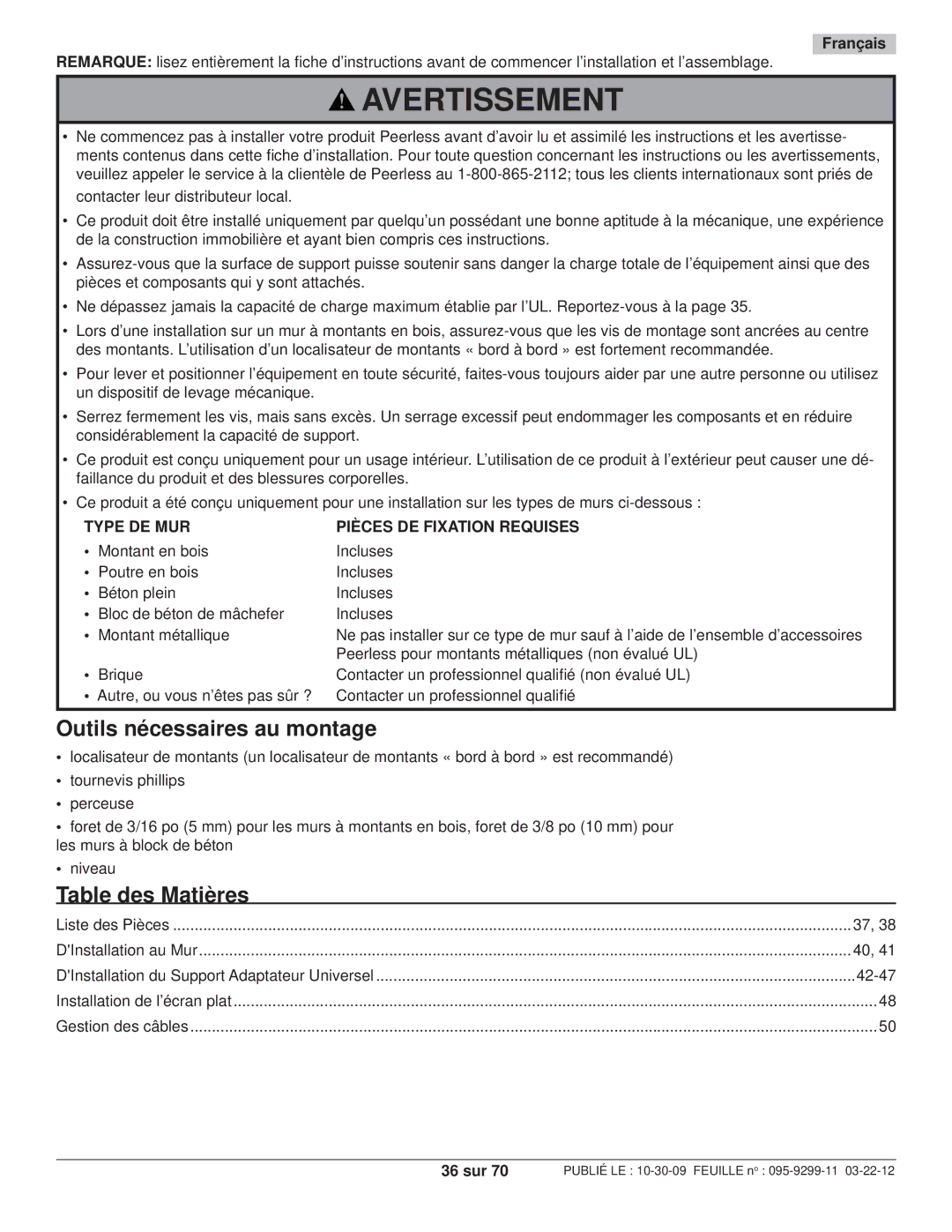 Peerless Industries SA771PU manual Outils nécessaires au montage, Table des Matières, Français, 36 sur 