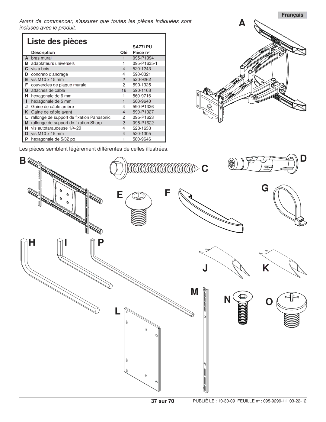 Peerless Industries SA771PU manual Liste des pièces, Français 37 sur 