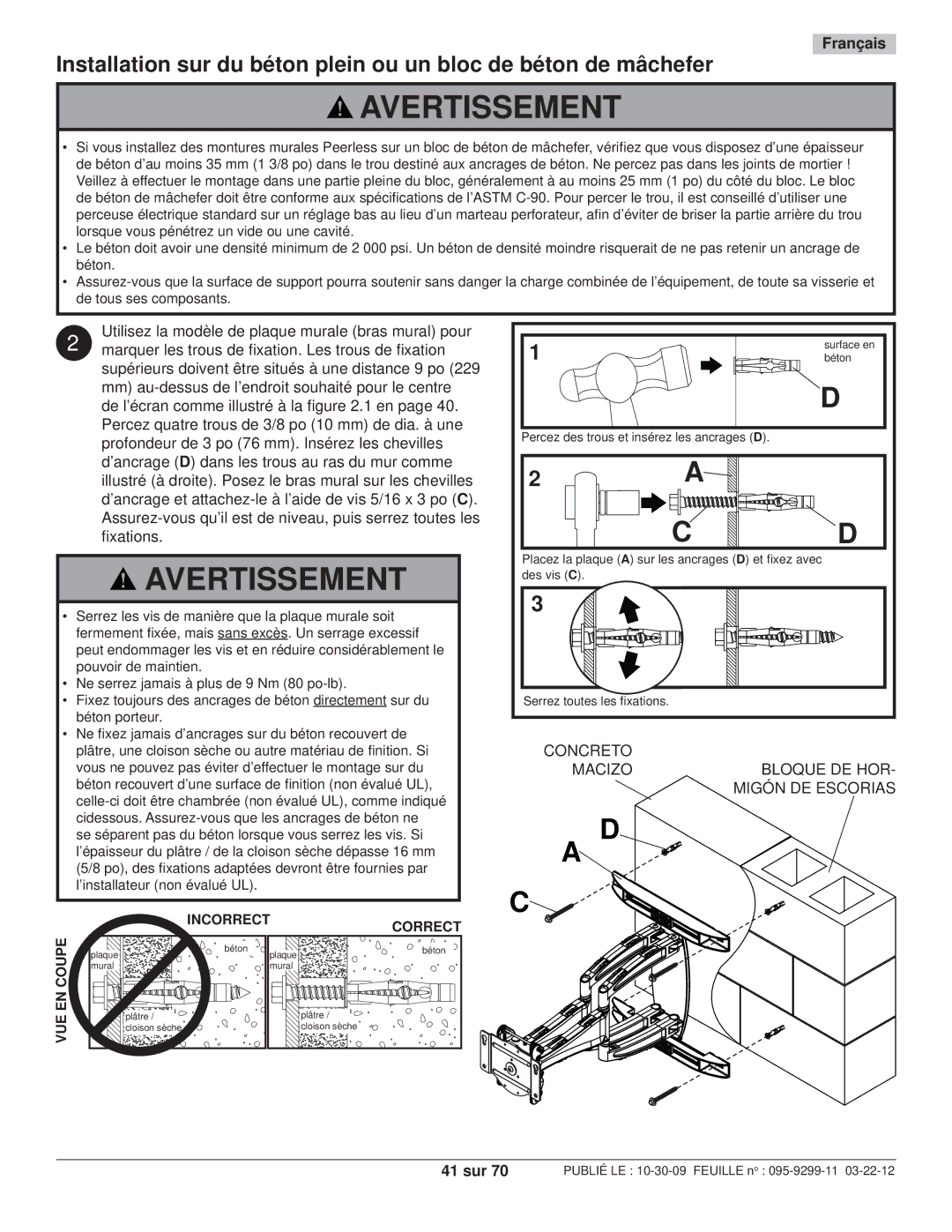 Peerless Industries SA771PU manual Concreto Macizo Bloque DE HOR- Migón DE Escorias, 41 sur 