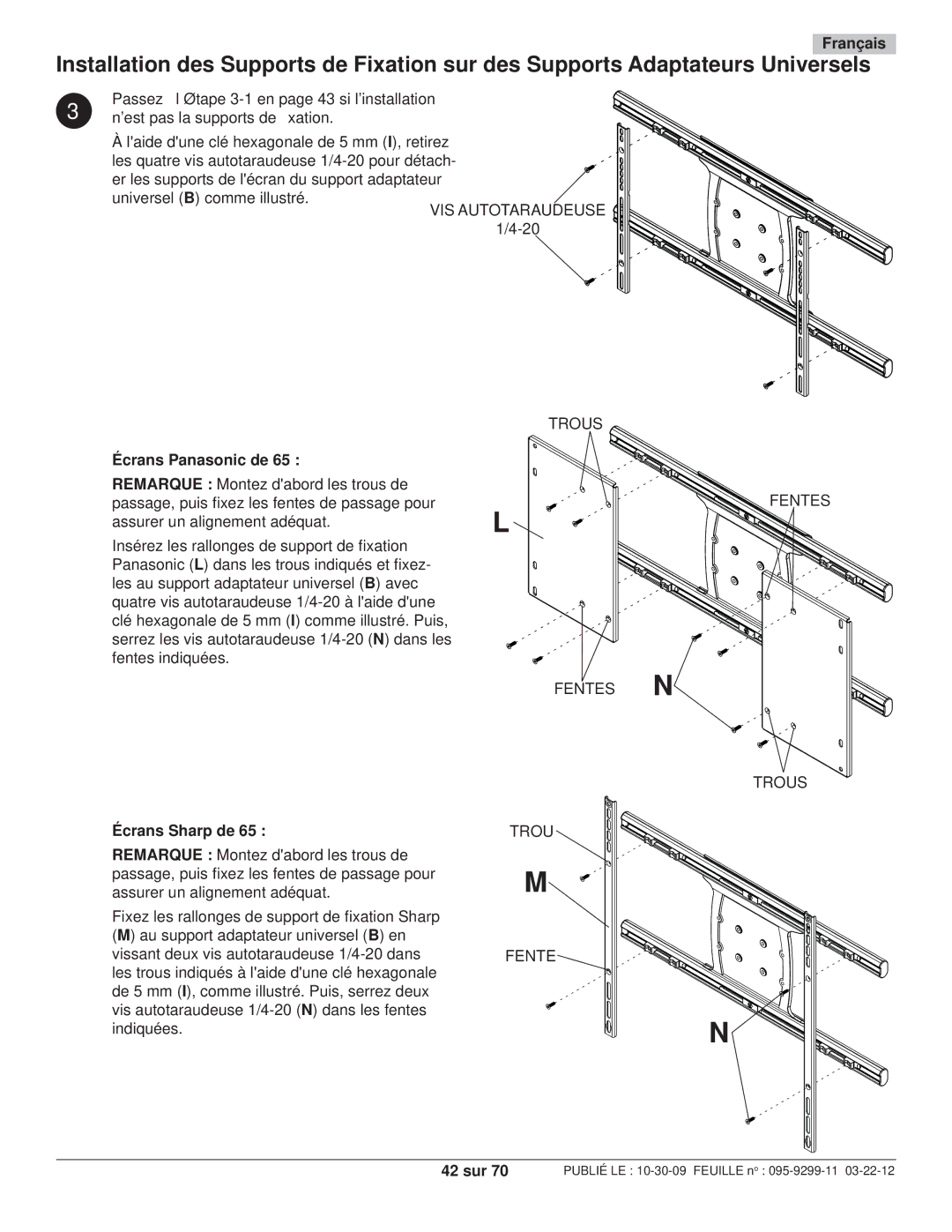 Peerless Industries SA771PU manual Écrans Panasonic de, Écrans Sharp de, 42 sur 