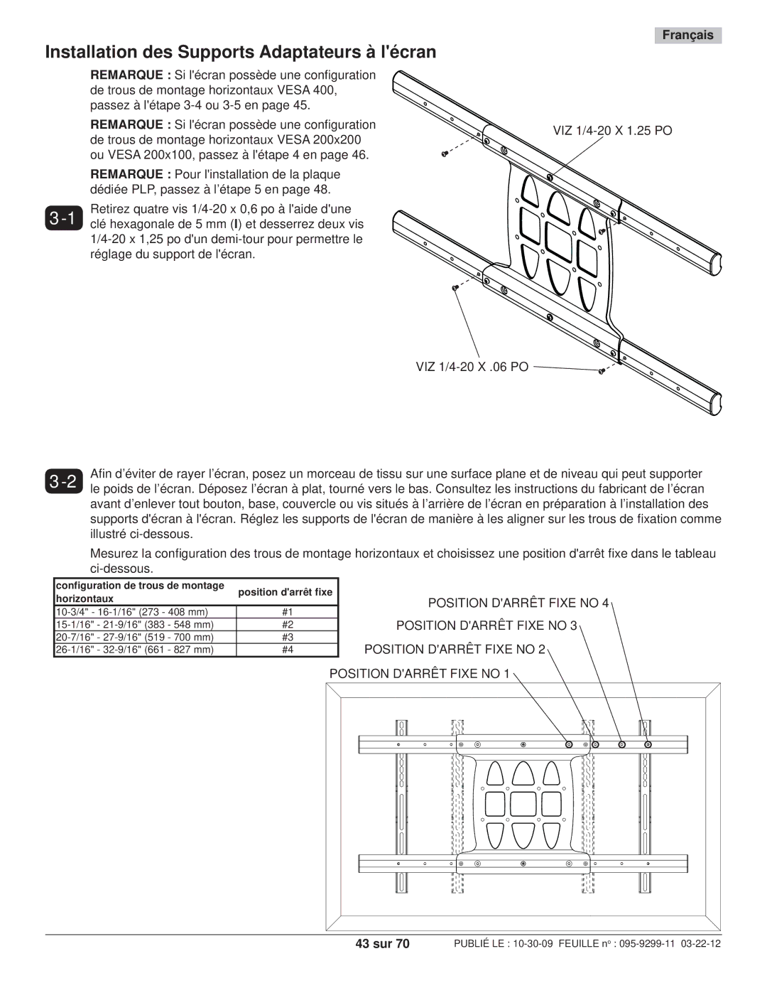 Peerless Industries SA771PU manual Installation des Supports Adaptateurs à lécran, 43 sur 