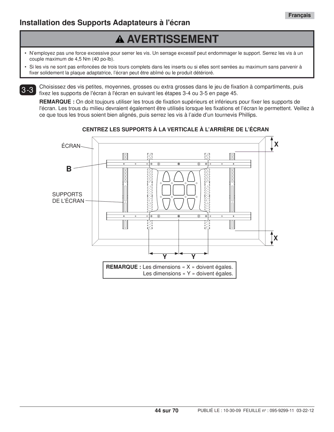 Peerless Industries SA771PU manual Écran Supports DE L’ÉCRAN, 44 sur 