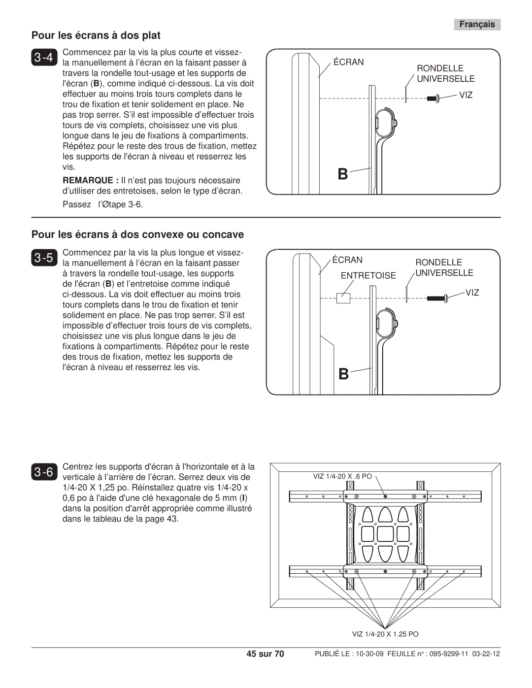 Peerless Industries SA771PU manual Rondelle, Écranrondelle Entretoise Universelle, 45 sur 