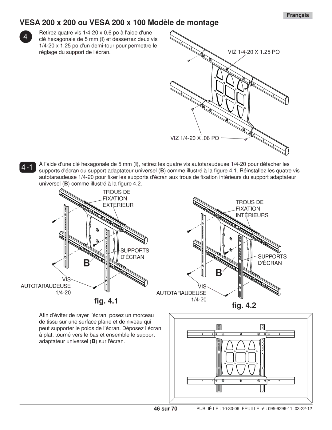 Peerless Industries SA771PU manual Vesa 200 x 200 ou Vesa 200 x 100 Modèle de montage, 46 sur 