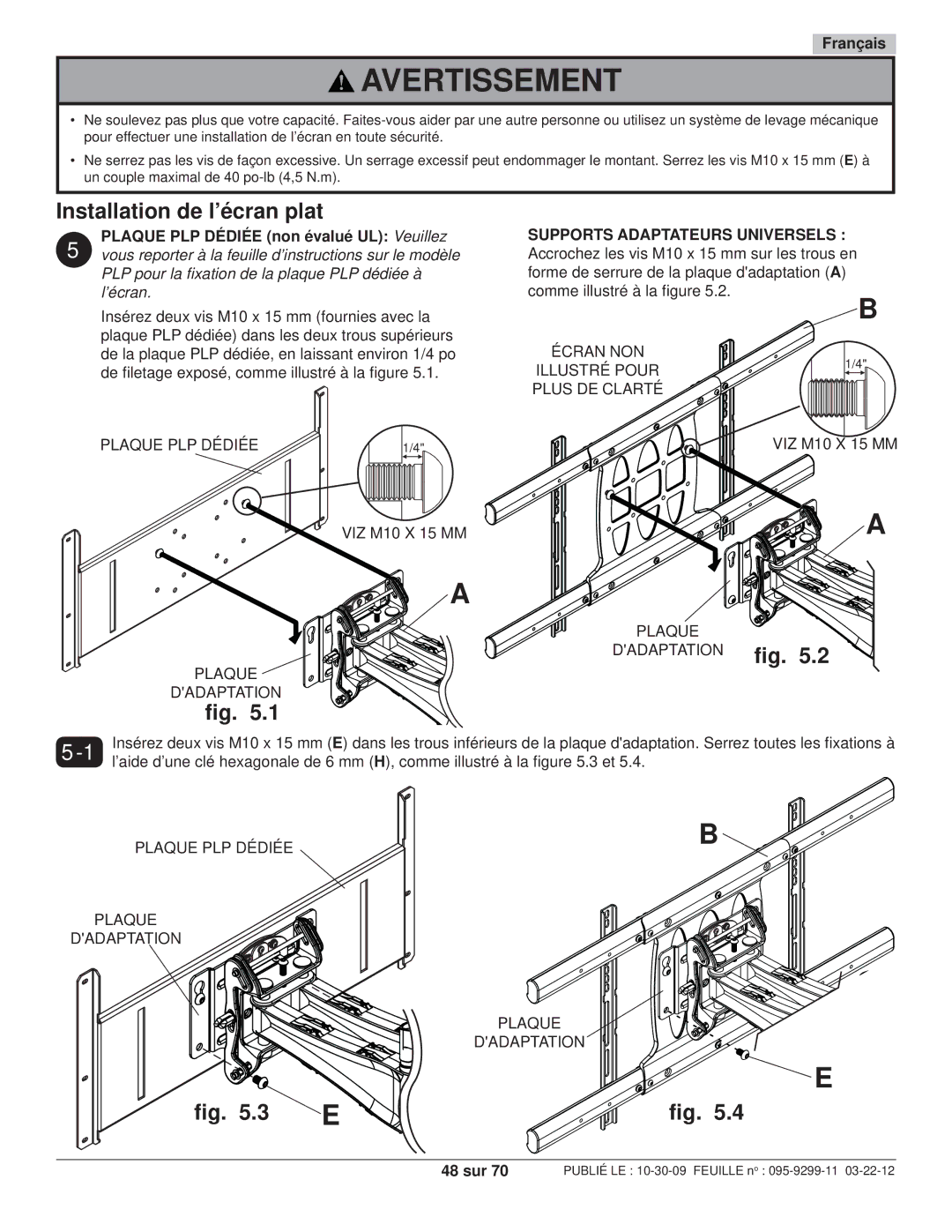 Peerless Industries SA771PU manual Installation de l’écran plat, Plaque PLP Dédiée non évalué UL Veuillez, 48 sur 