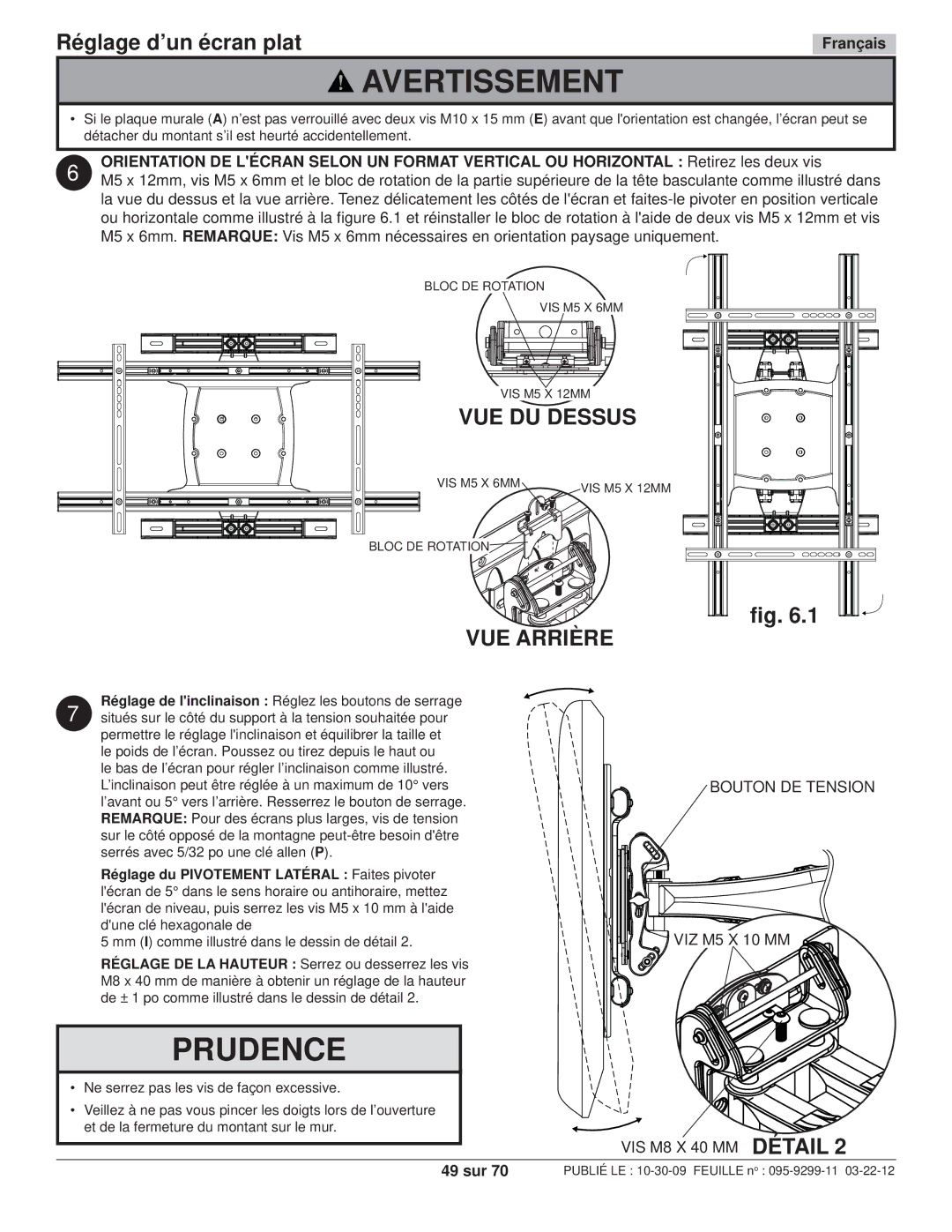 Peerless Industries SA771PU manual Réglage d’un écran plat, VUE Arrière, Bouton DE Tension, VIS M8 X 40 MM Détail, 49 sur 