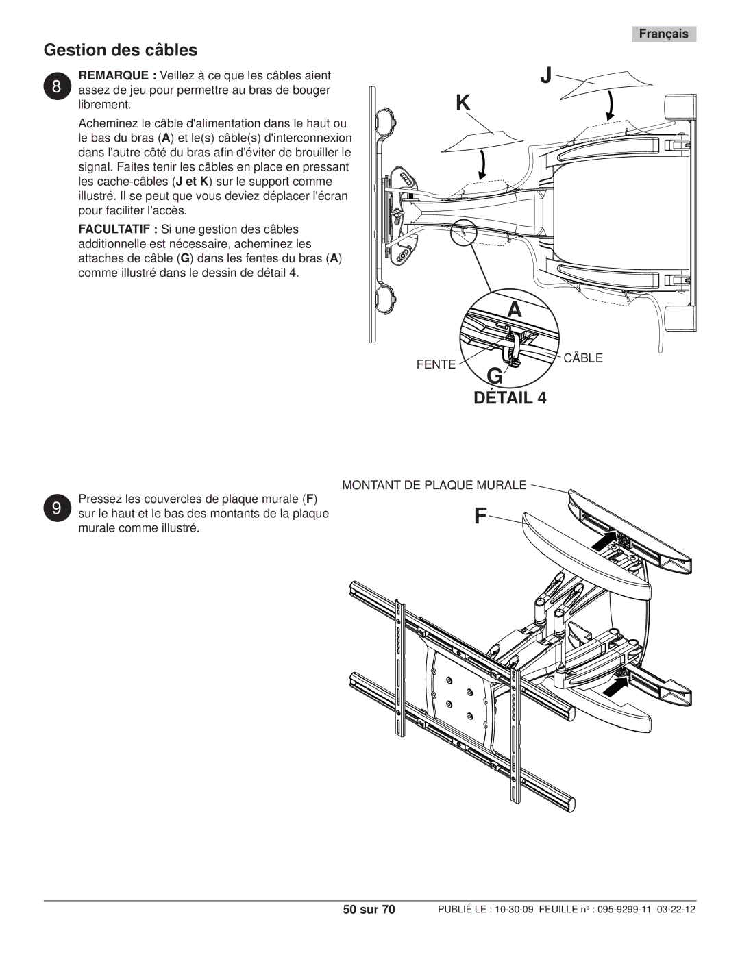 Peerless Industries SA771PU manual Gestion des câbles, Fente Câble, Montant DE Plaque Murale, 50 sur 