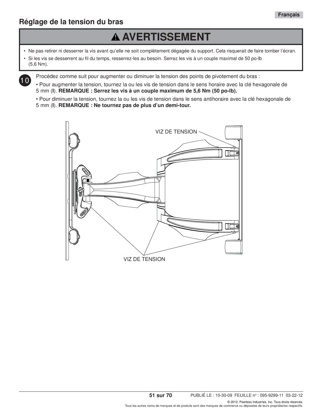 Peerless Industries SA771PU manual Réglage de la tension du bras, VIZ DE Tension, 51 sur 